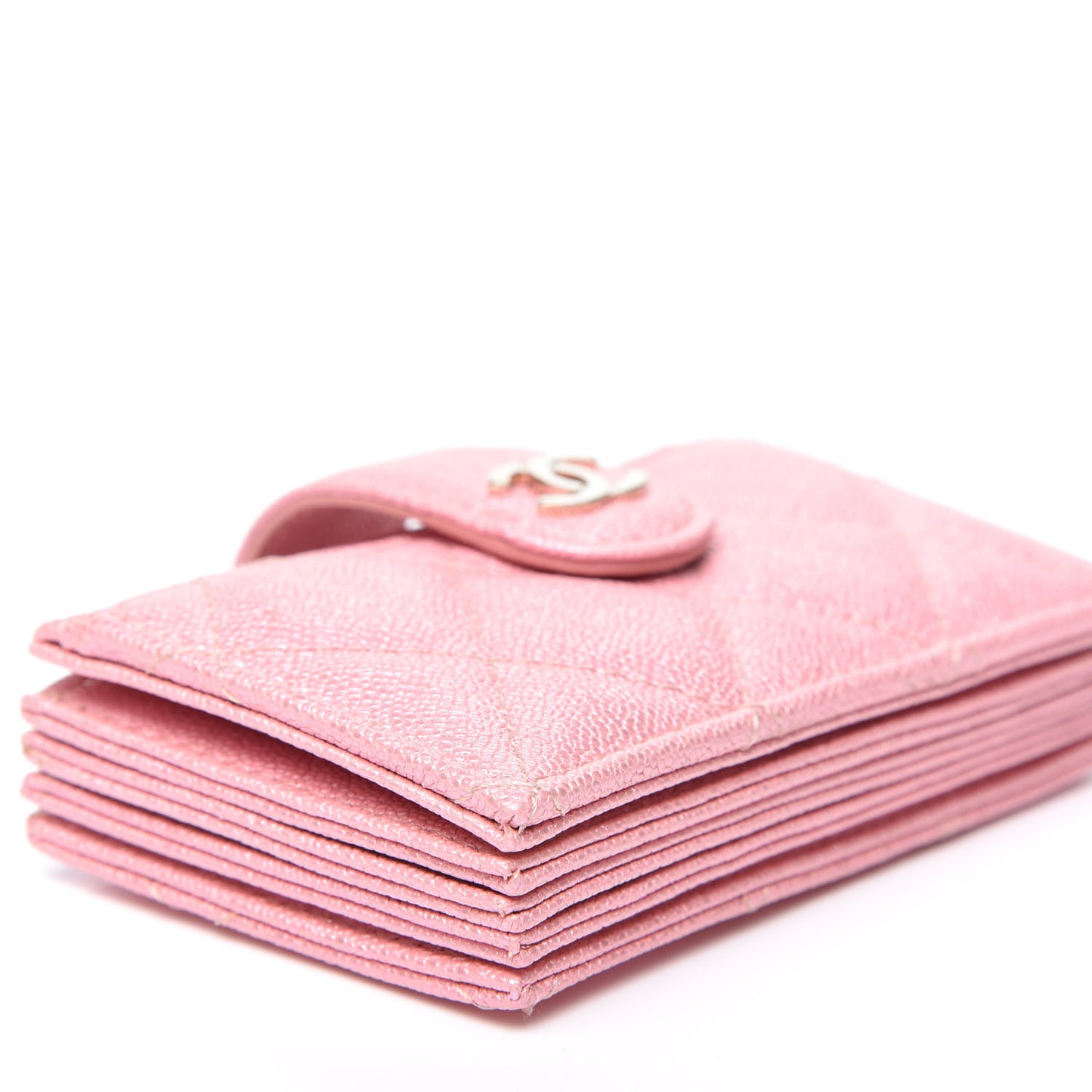 Iridescent Caviar Quilted Gusseted Card Holder Pink