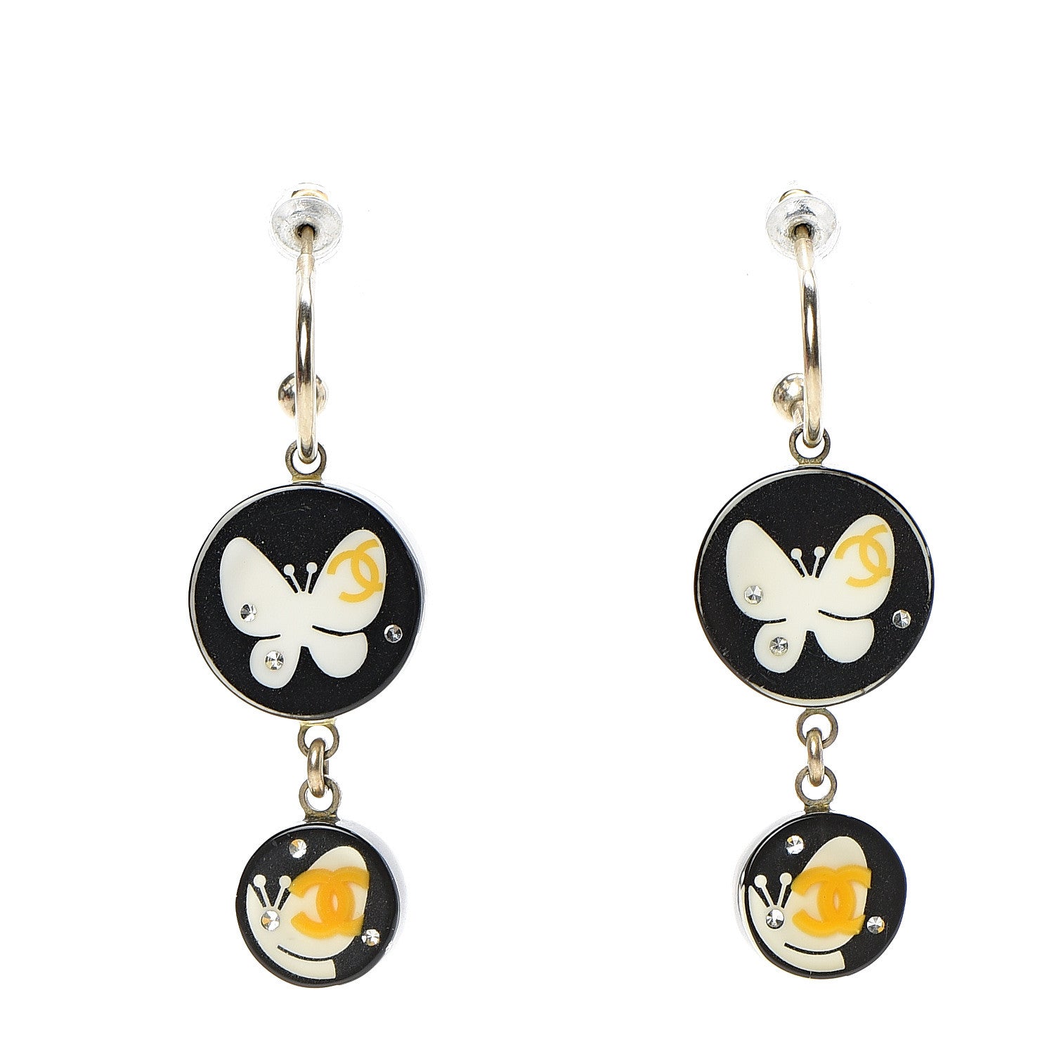 Chanel Crystal Resin Butterfly CC Dangle Earrings Black Yellow 1 of 4