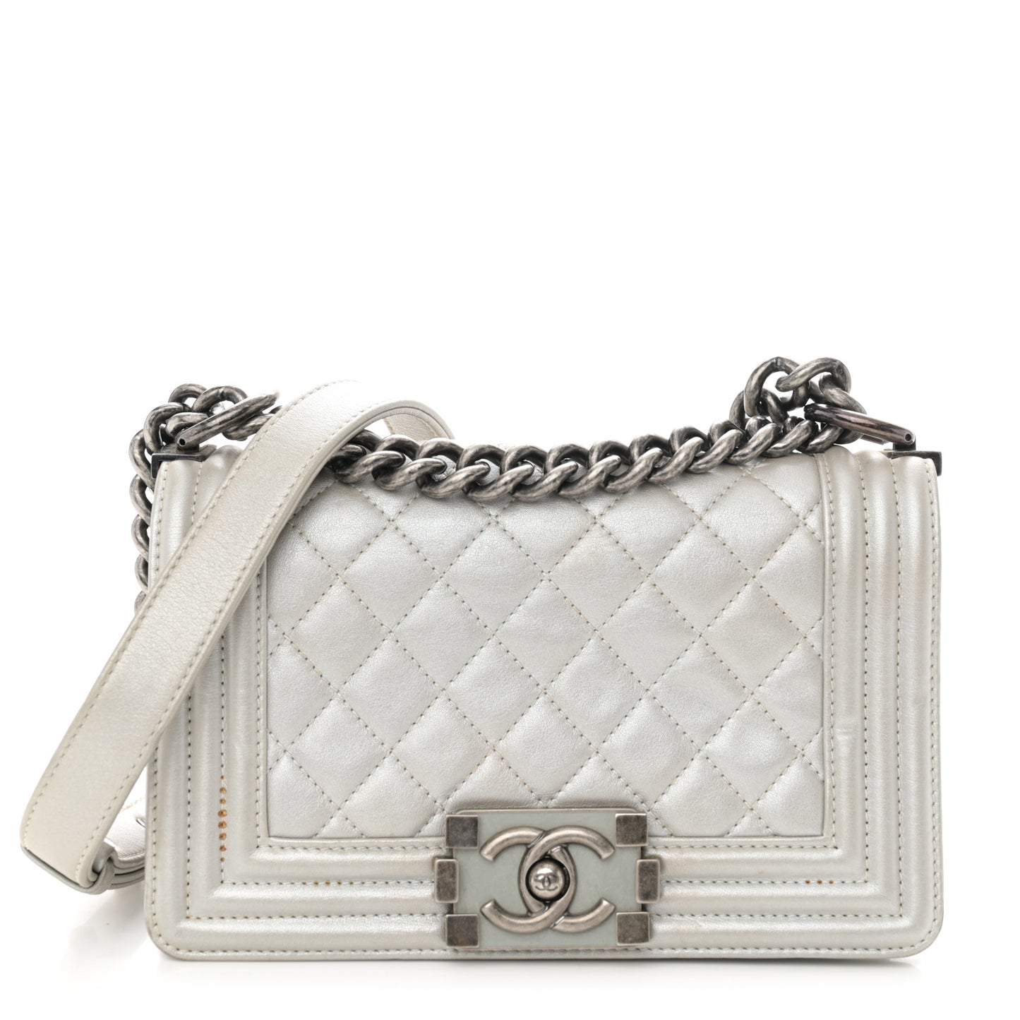 Metallic Lambskin Quilted Small Boy Flap Silver