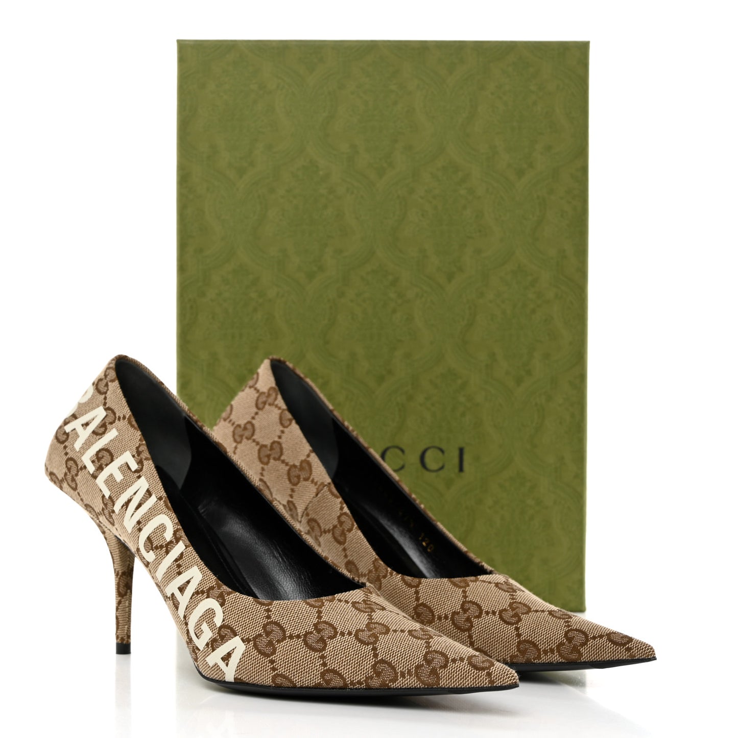 X GUCCI GG Monogram Square Knife 80mm Pumps 37.5 Beige Ebony