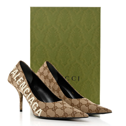 Balenciaga X GUCCI GG Monogram Square Knife 80mm Pumps 37.5 Beige Ebony 10 of 10