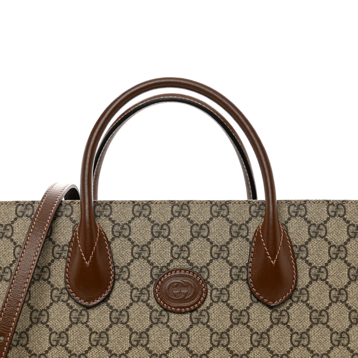 GG Supreme Monogram Azalea Calfskin Small Retro Interlocking G Tote Bag Beige Ebony Brown Sugar