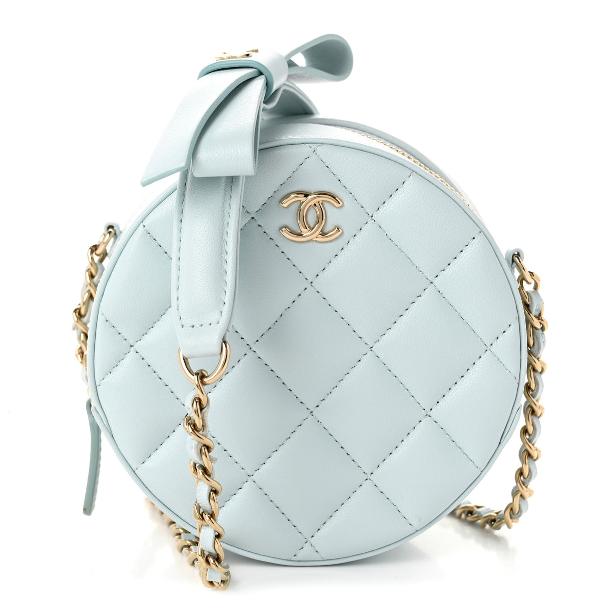Iridescent Lambskin Quilted Coco Bow Round Clutch With Chain Light Blue