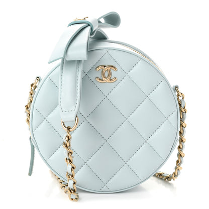 Chanel Iridescent Lambskin Quilted Coco Bow Round Clutch With Chain Light Blue 1 of 10