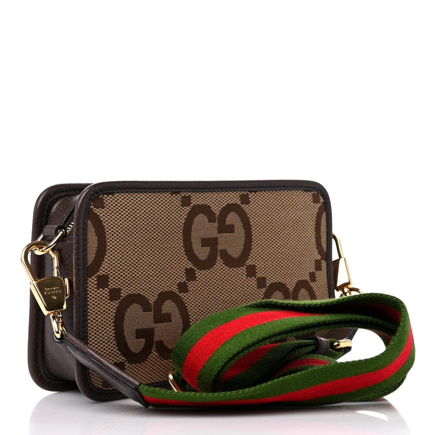 Monogram Jumbo GG Textured Dollar Calfskin Web Mini Crossbody Bag Camel Ebony New Acero