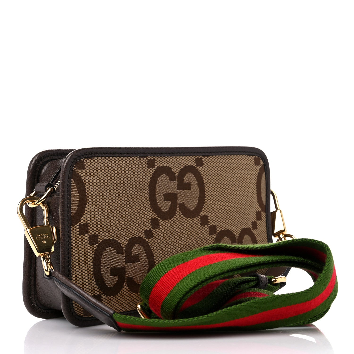 Gucci Monogram Jumbo GG Textured Dollar Calfskin Web Mini Crossbody Bag Camel Ebony New Acero 2 of 9