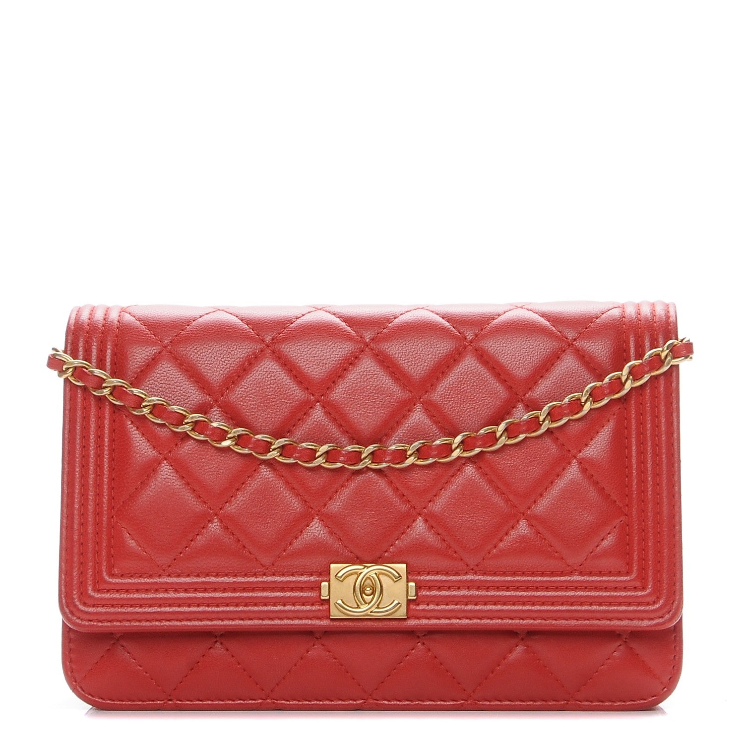 Chanel Lambskin Quilted Boy Wallet On Chain WOC Red 1 of 8