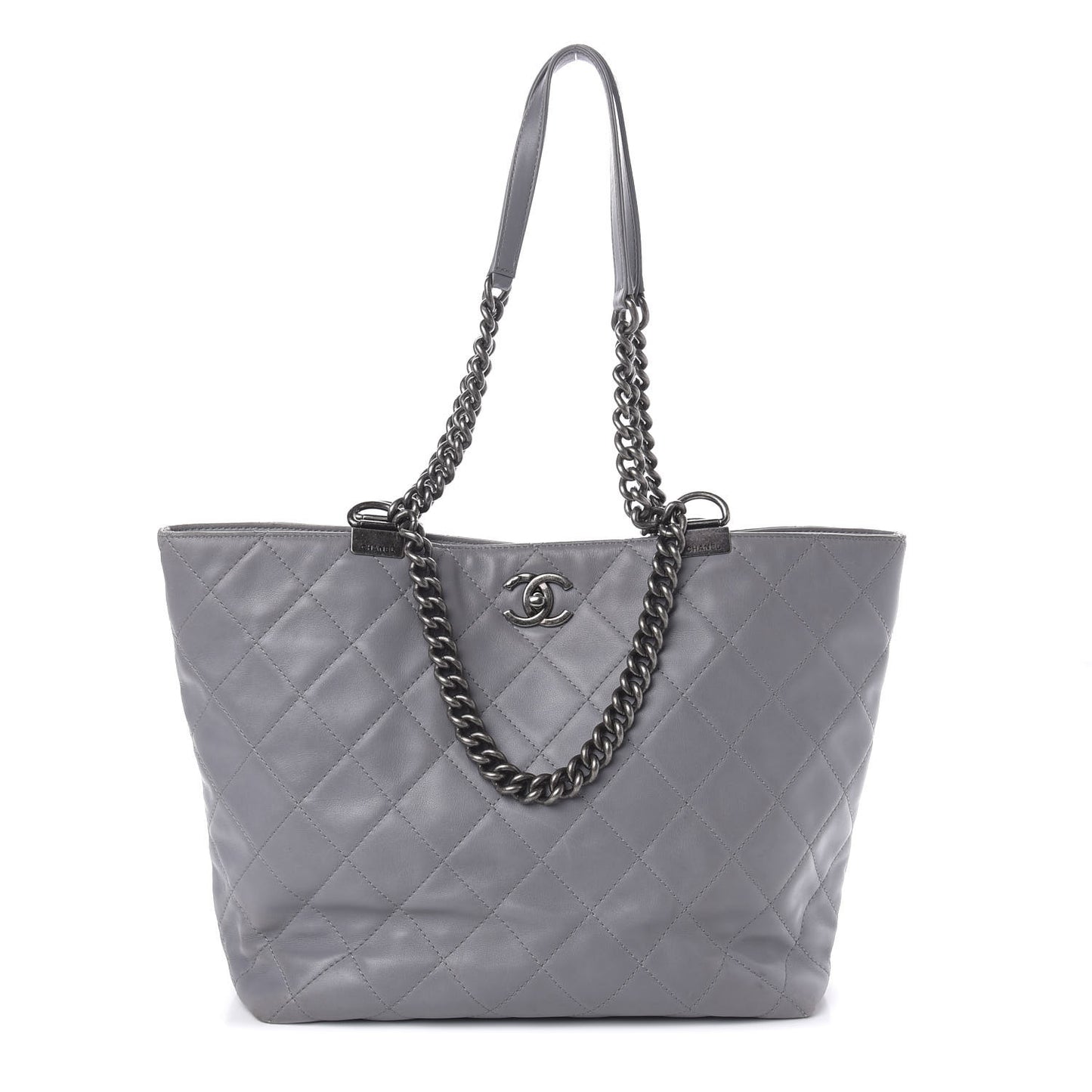 Calfskin Quilted Large Shopping In Chains Tote Light Grey
