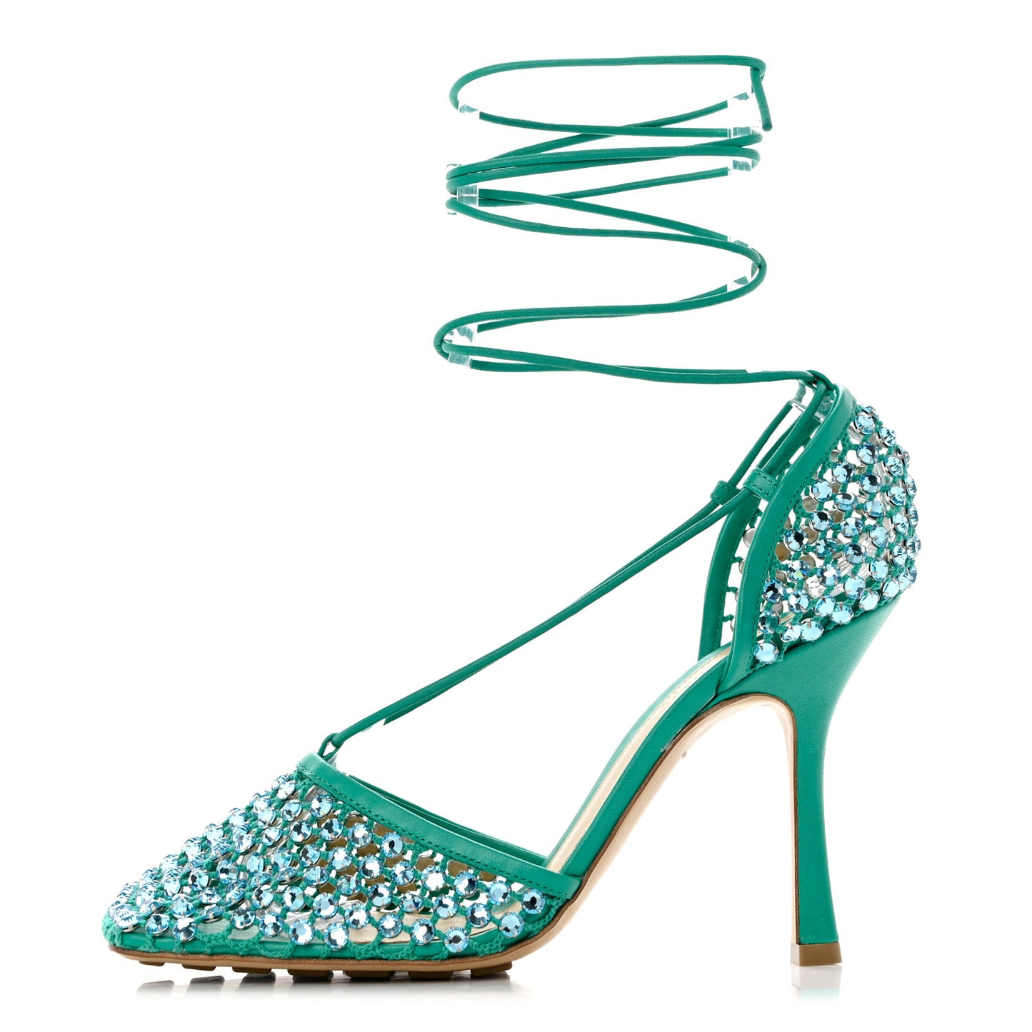 Mesh Nappa Crystal Embellished Sparkle Stretch Ankle Tie Sandals 39.5 Acid Turquoise