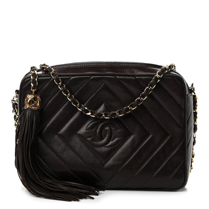 Chanel Lambskin Chevron Quilted Tassel Camera Case Brown 1 of 11