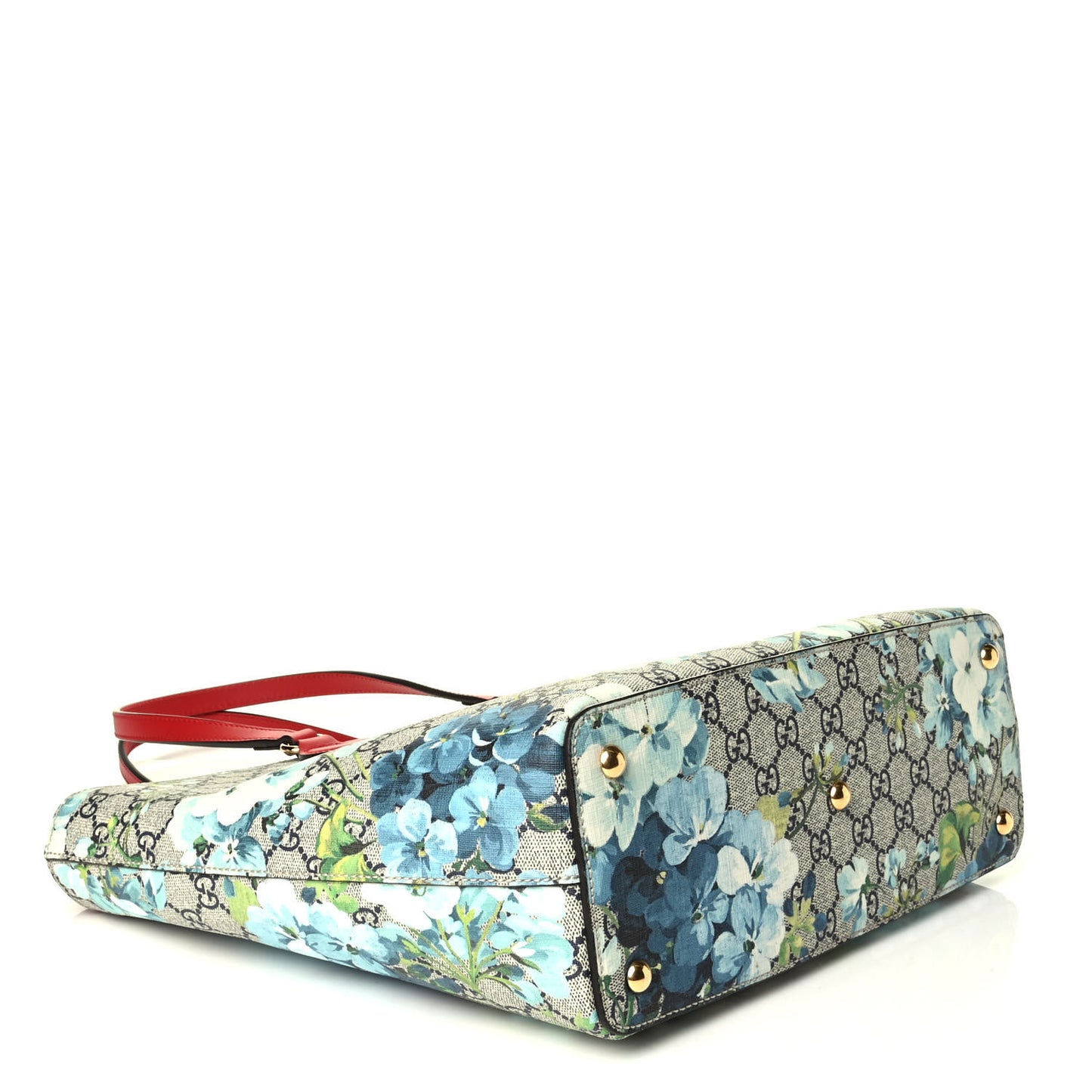 GG Supreme Monogram Blooms Medium Zippered Bucket Tote Beige Blue Navy Hibiscus Red
