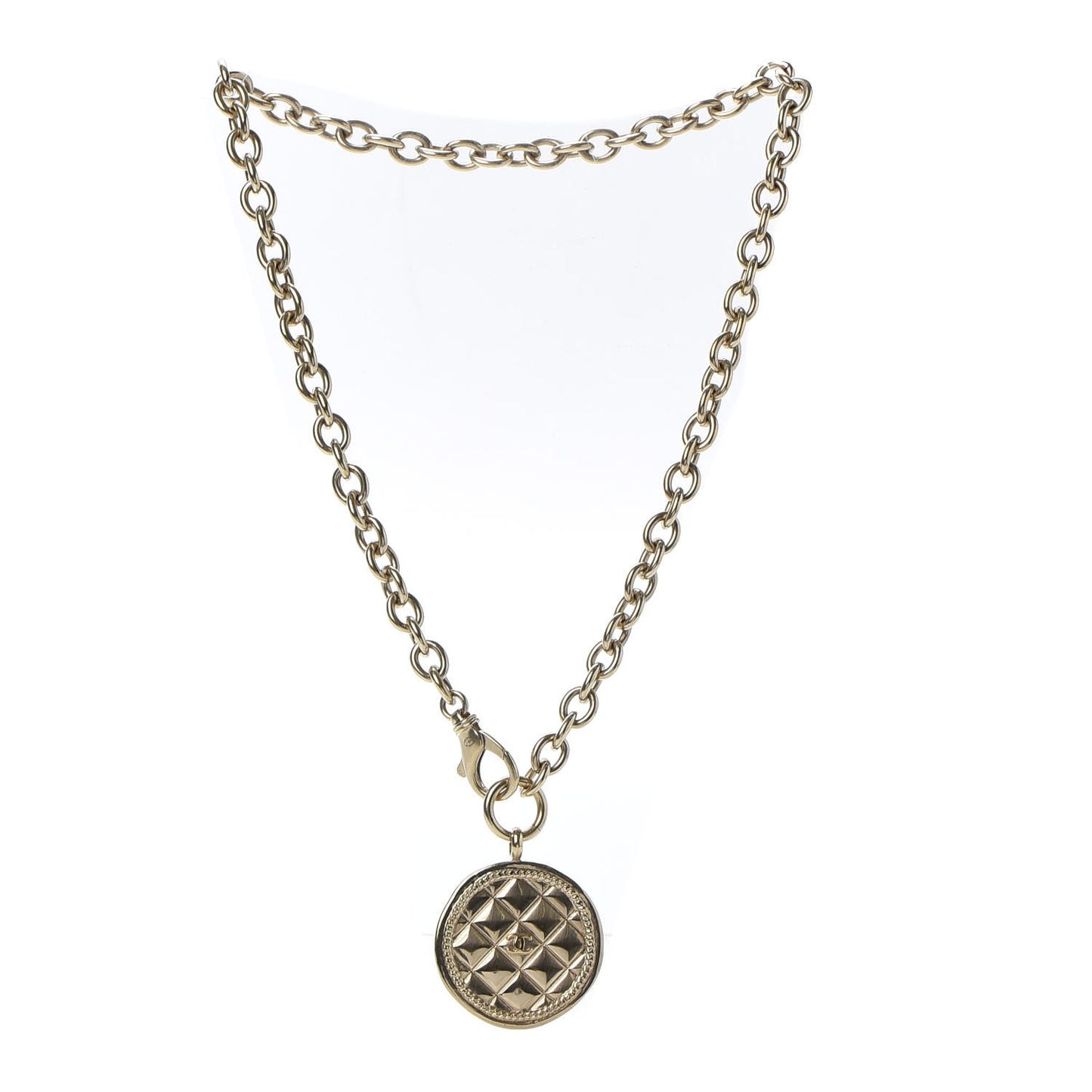 Quilted CC Pendant Chain Necklace Light Gold