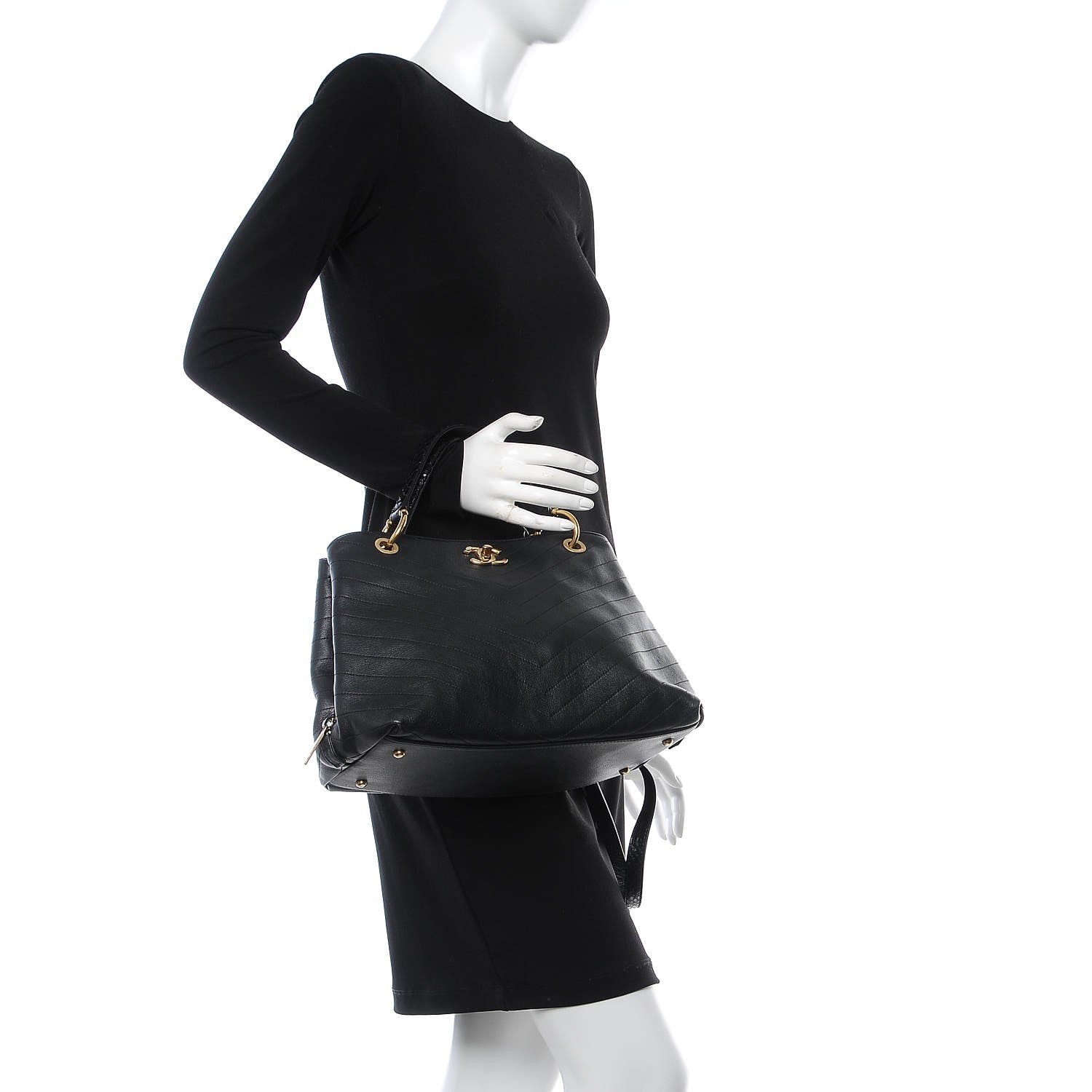 Chanel Calfskin Elaphe Stitched Large Chevron Chic Shopping Bag Black 3 of 8