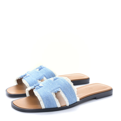 Hermes Denim Oran Fringe Sandals 37.5 Bleu Clair 3 of 8