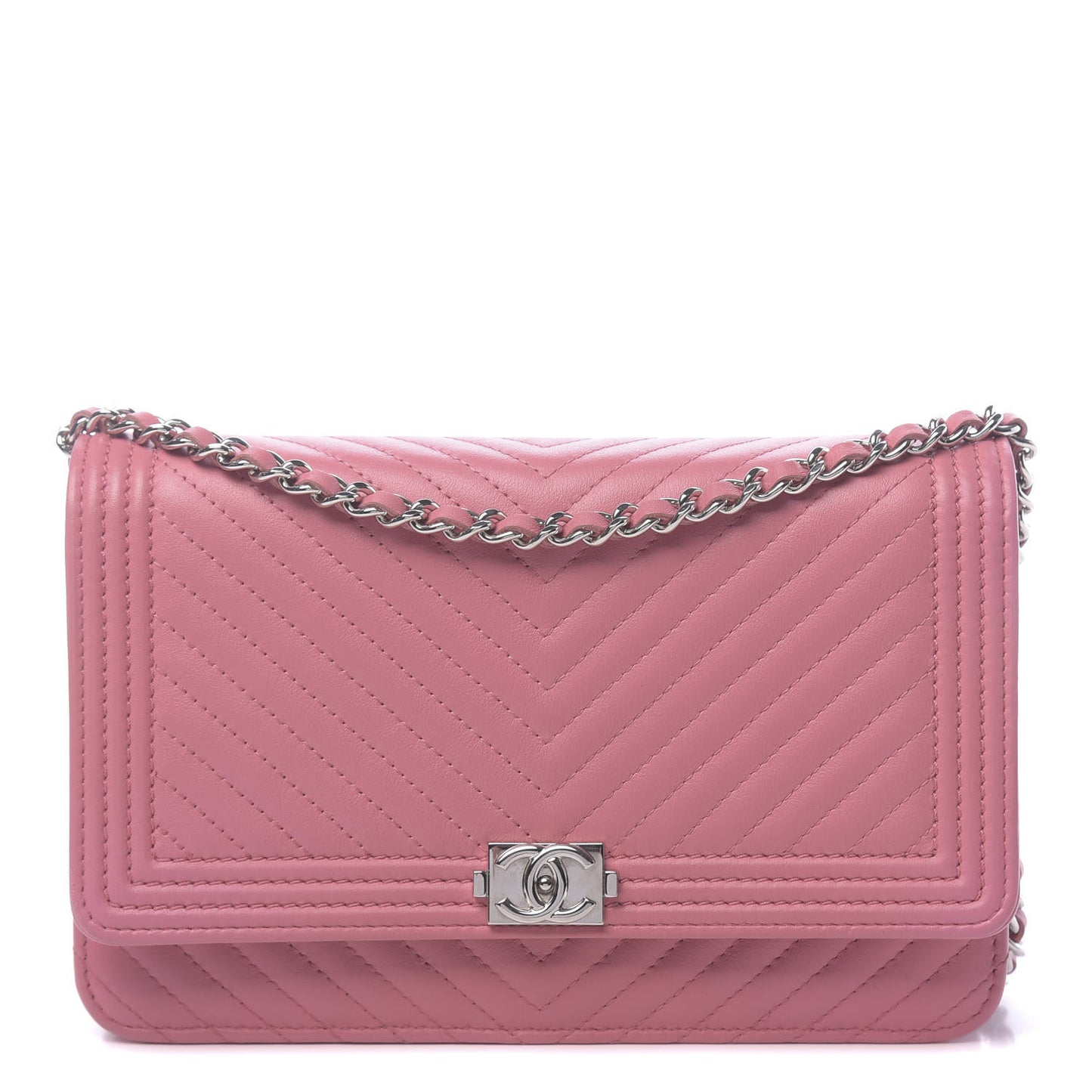 Calfskin Chevron Quilted Boy Wallet On Chain WOC Pink