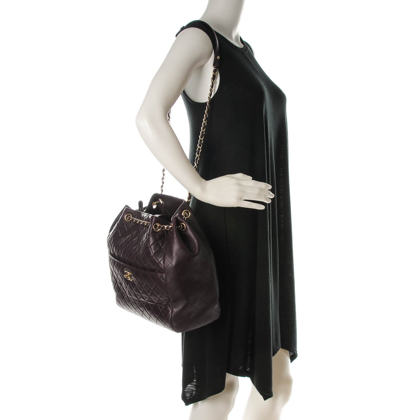 Lambskin Quilted Large Drawstring Shoulder Bag Dark Purple