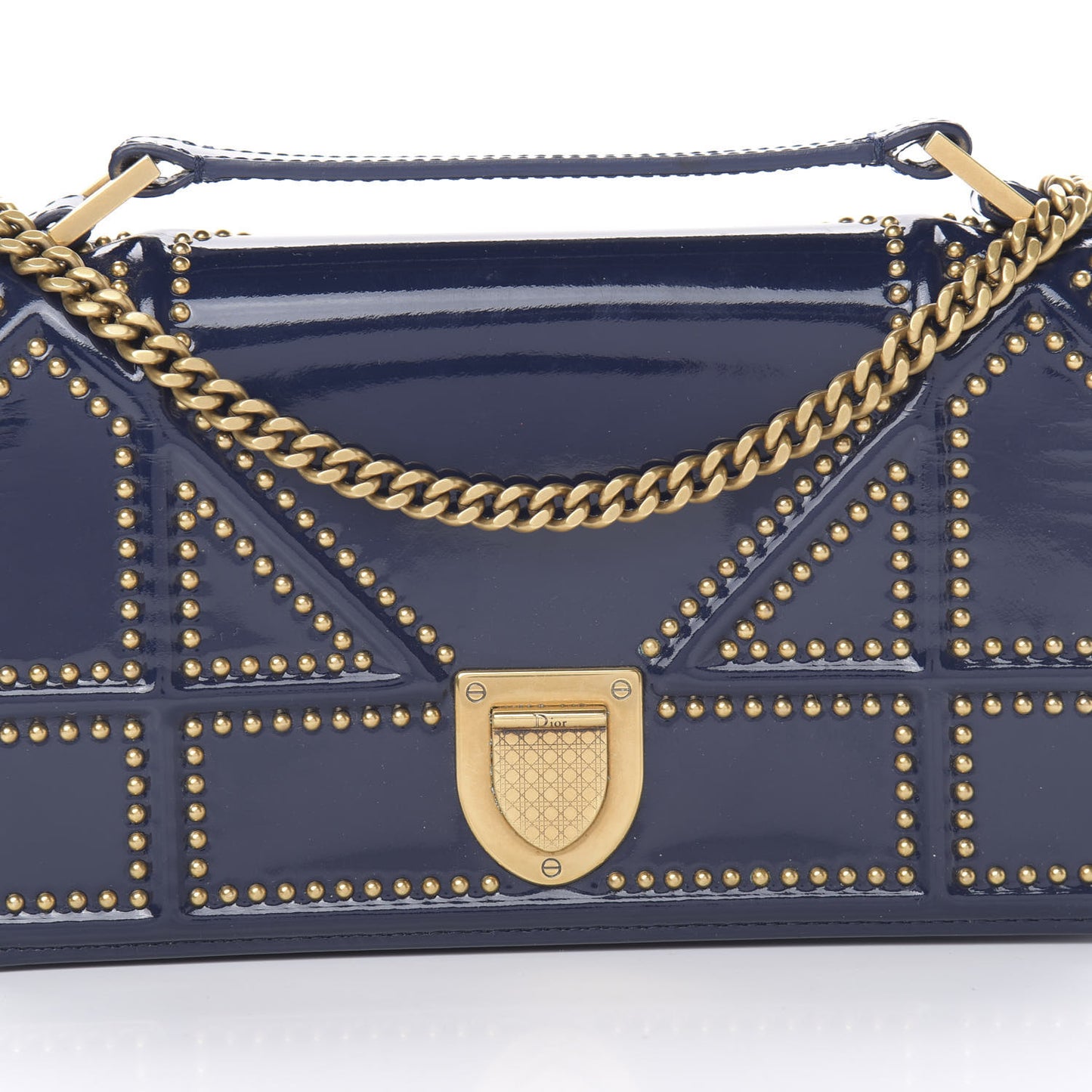 Patent Studded Diorama Top Handle Wallet on Chain Pouch Navy Blue