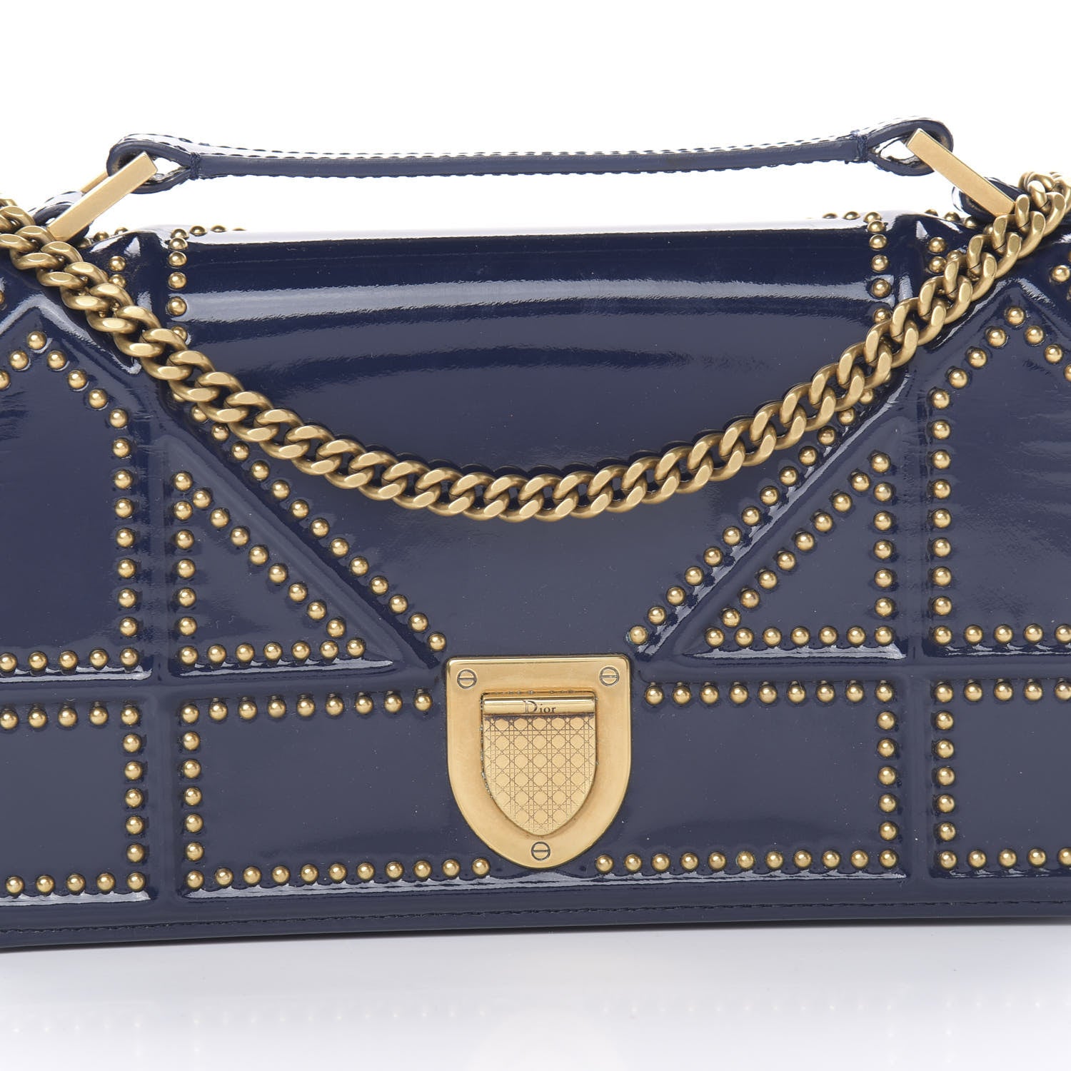 Christian Dior Patent Studded Diorama Top Handle Wallet on Chain Pouch Navy Blue 9 of 12