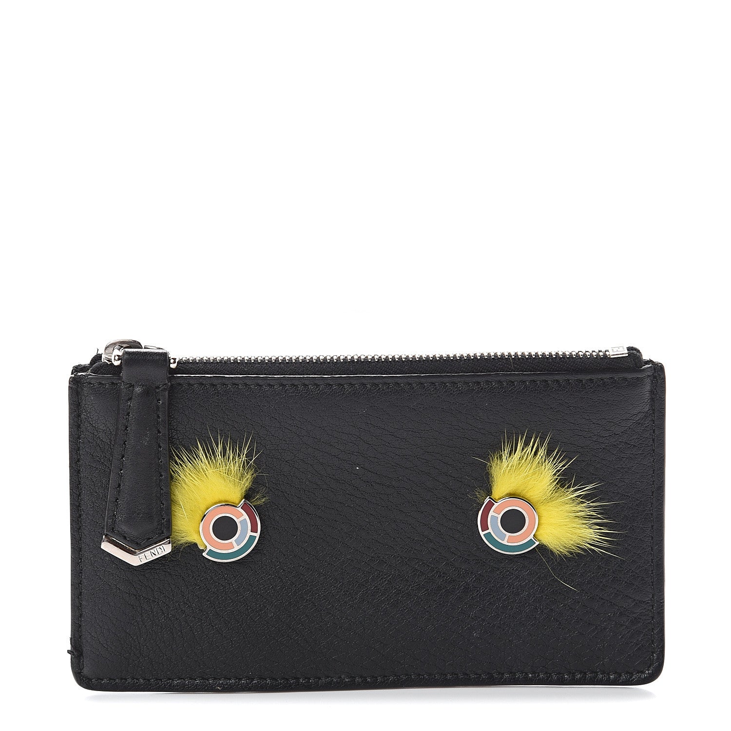 Fendi Vitello Dolce Mink Fur Hypnoteyes Zip Card Holder Black Yellow 1 of 6