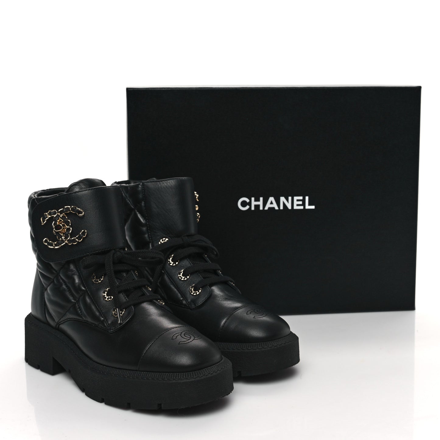 Lambskin Calfskin Quilted Lace Up Combat Boots 40 Black