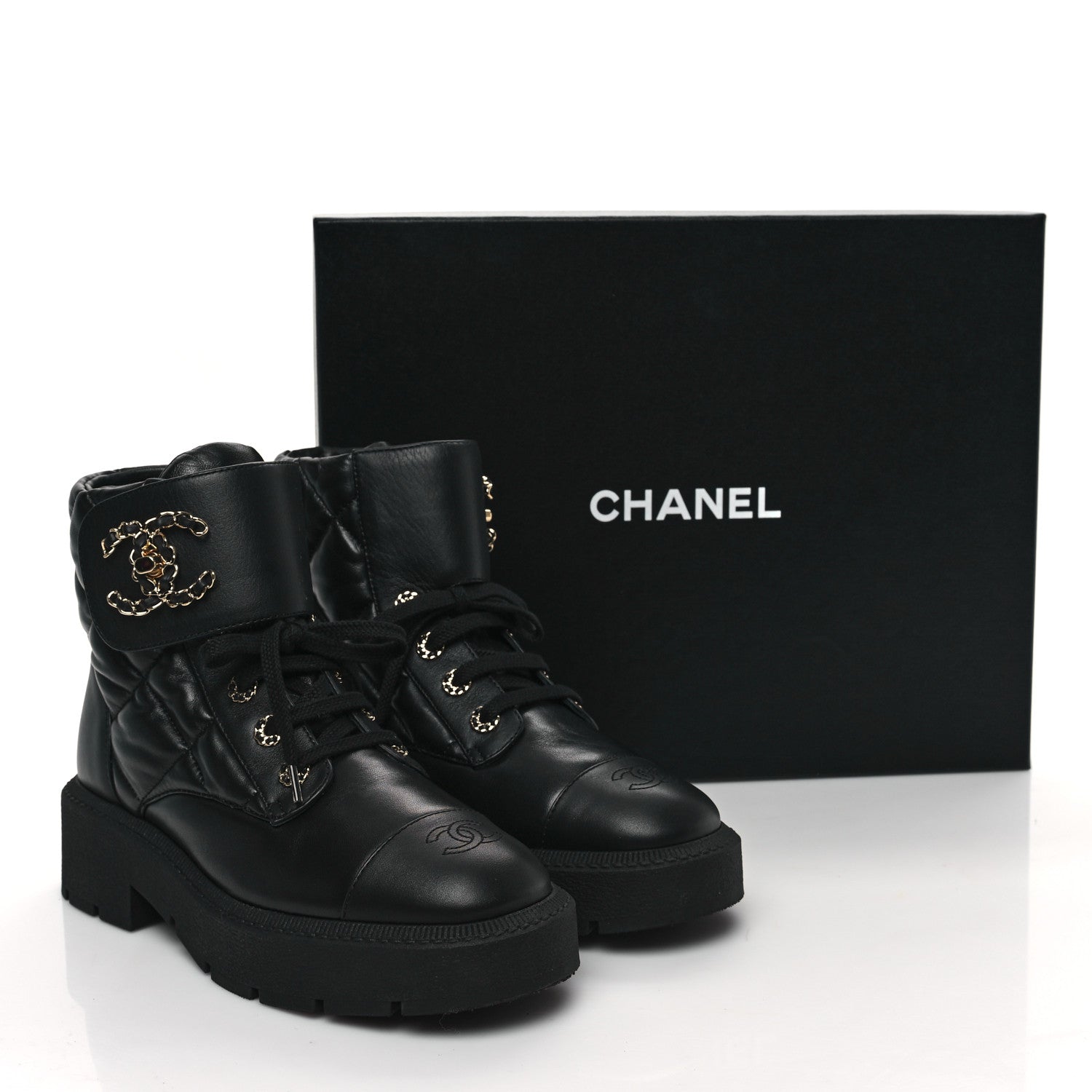 Chanel Lambskin Calfskin Quilted Lace Up Combat Boots 40 Black 10 of 10