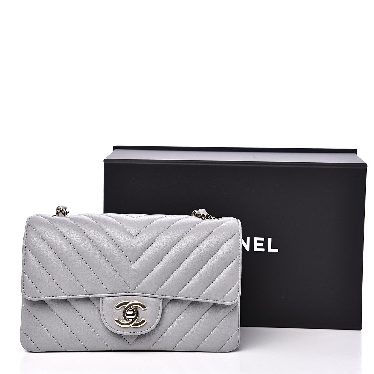 Lambskin Chevron Quilted Mini Rectangular Flap Grey