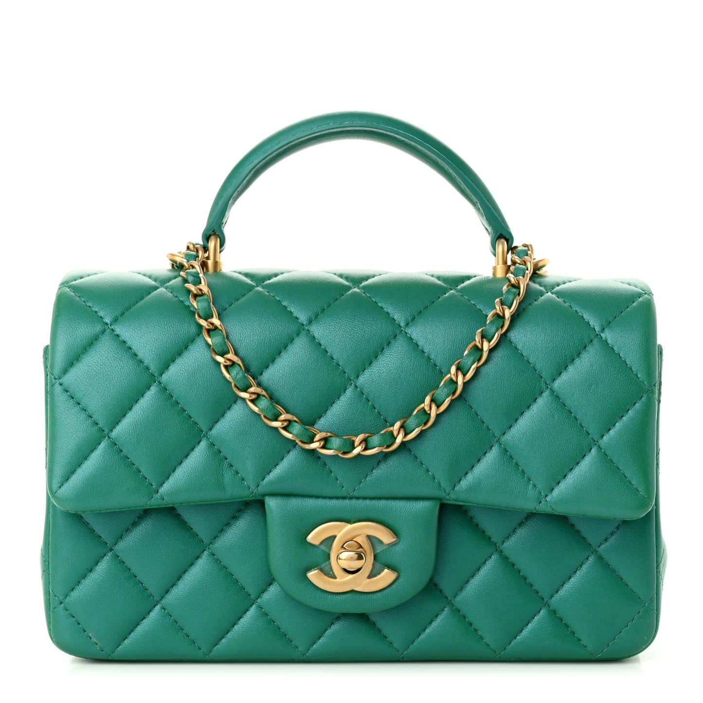 Iridescent Lambskin Quilted Mini Top Handle Rectangular Flap Green