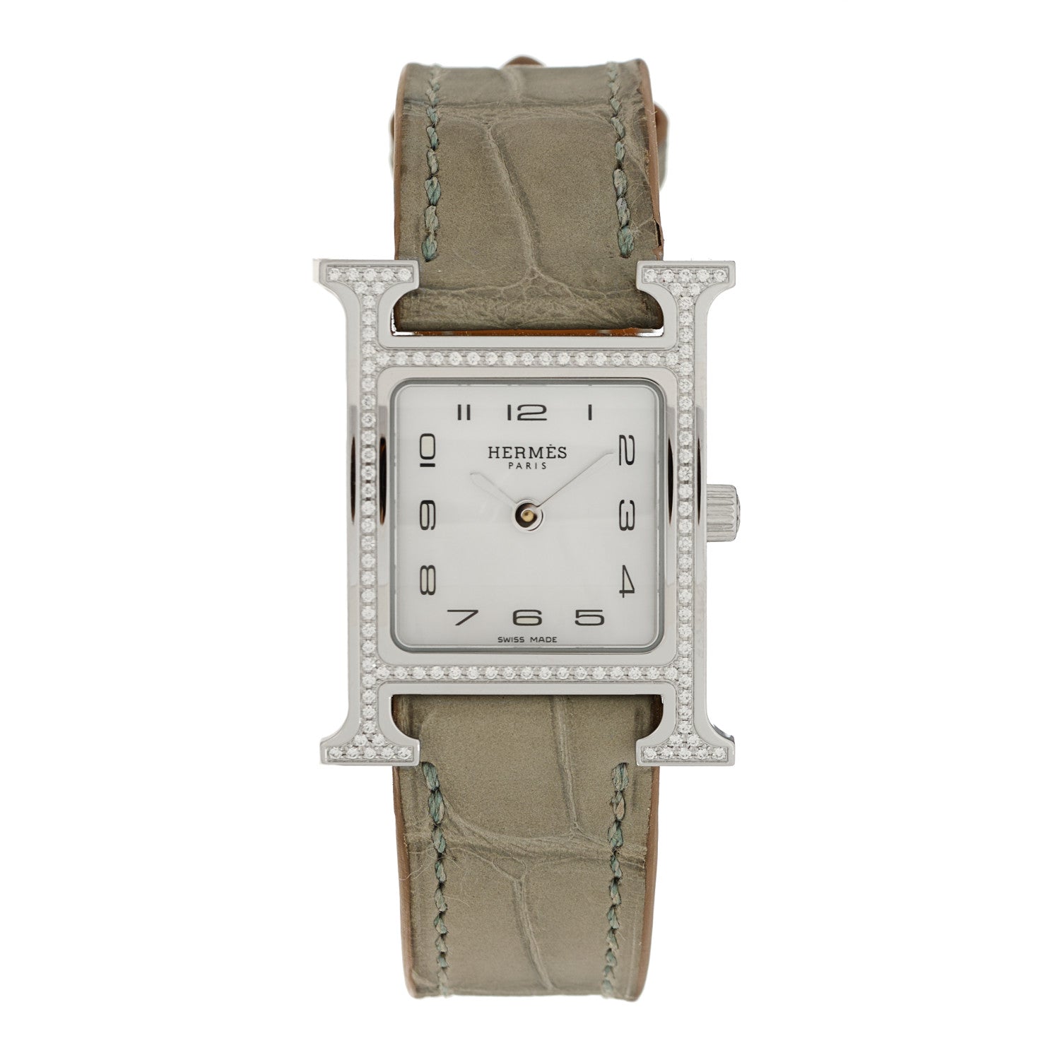 Hermes Stainless Steel Alligator Diamond Bezel Mother of Pearl 21mm Heure H Hour Quartz Watch Gris Perle 1 of 5
