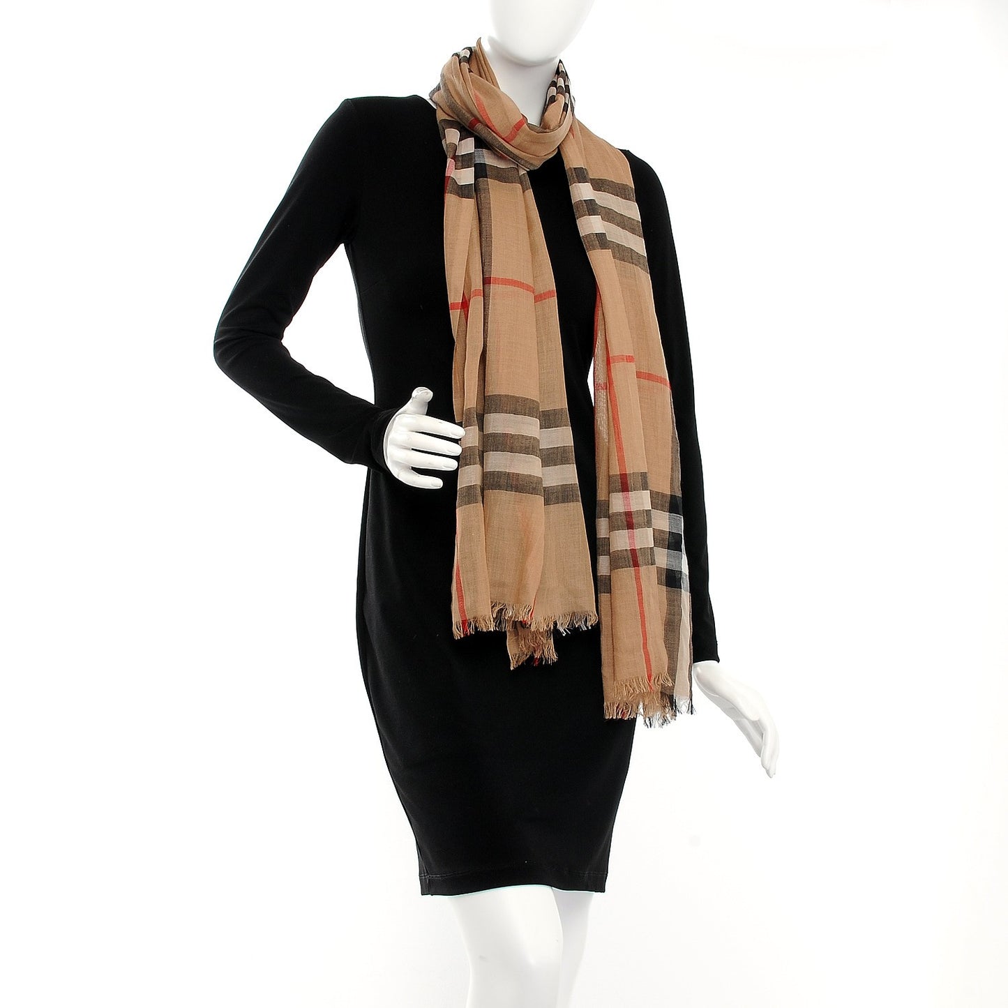 Wool Silk House Check Lightweight Scarf Camel