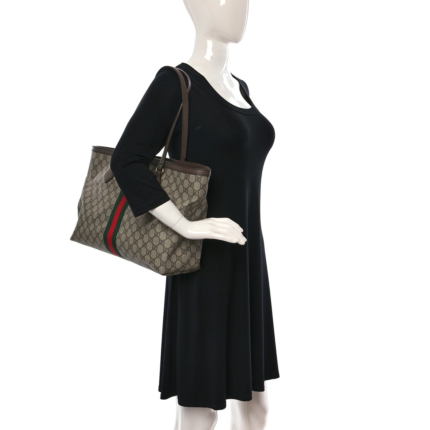 GG Supreme Monogram Textured Calfskin Web Medium Ophidia Shopping Tote Beige Ebony New Acero
