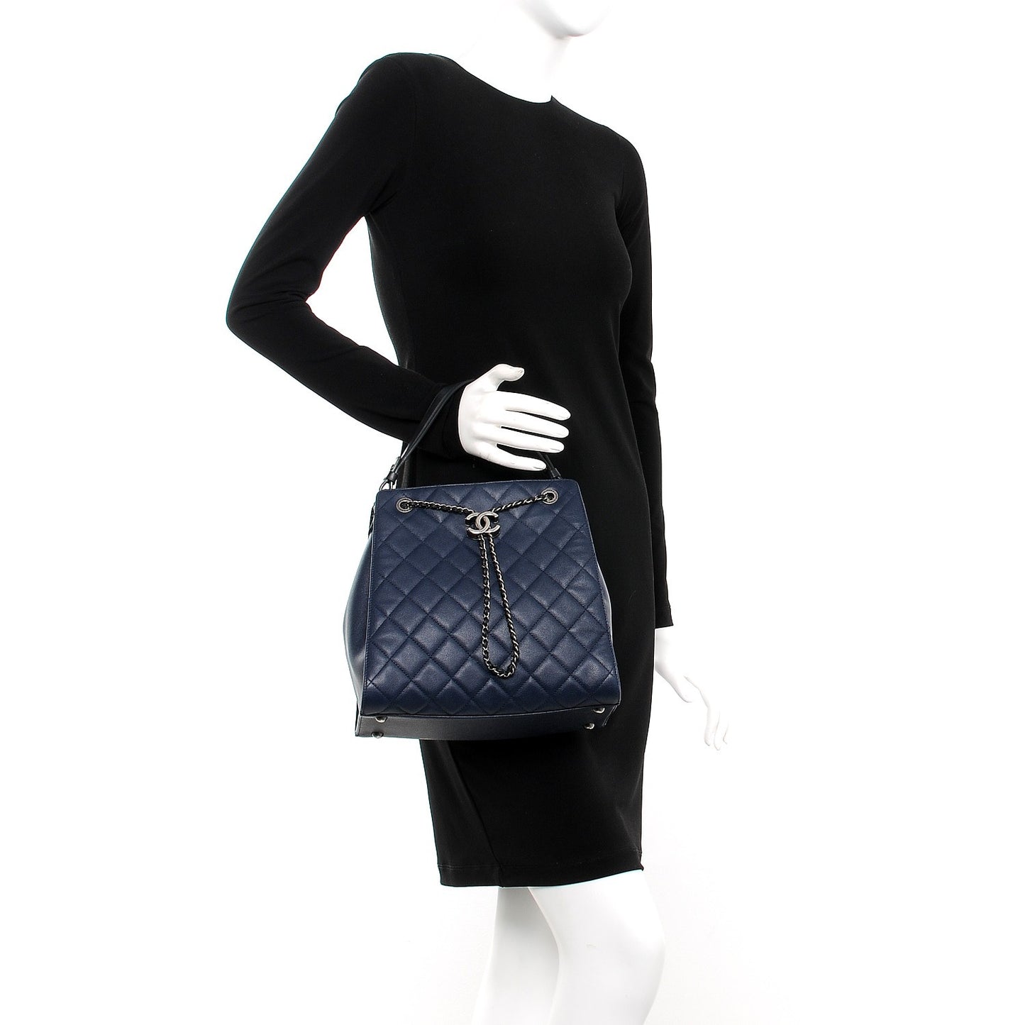 Caviar Quilted Medium CC Bucket Bag Dark Blue