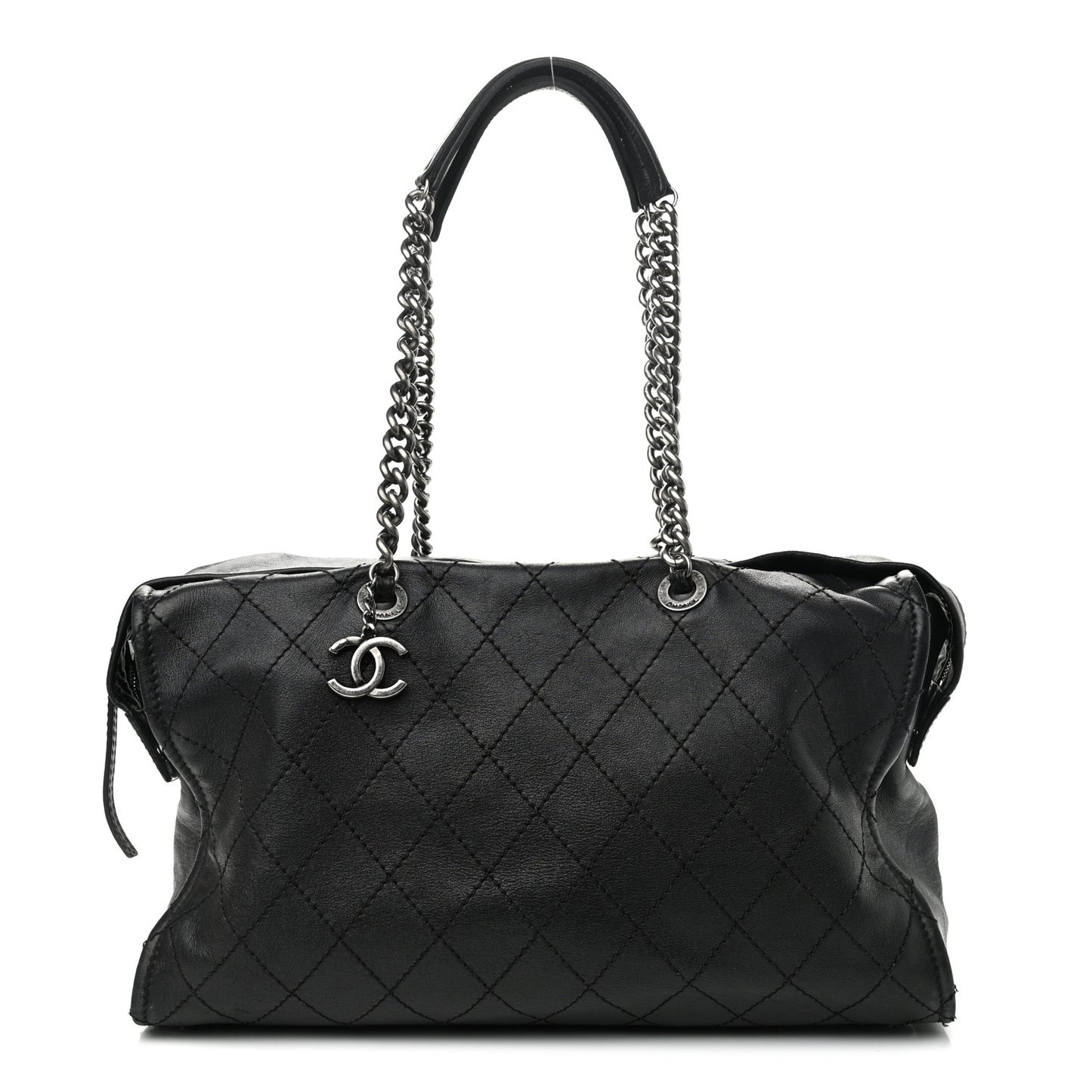 Calfskin Stitched Large Bowling Bag Black