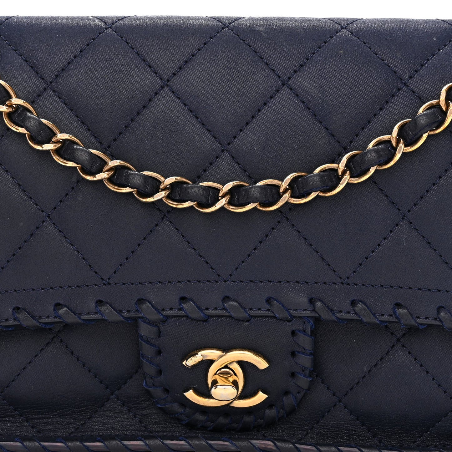 Iridescent Calfskin Small Happy Stitch Flap Navy