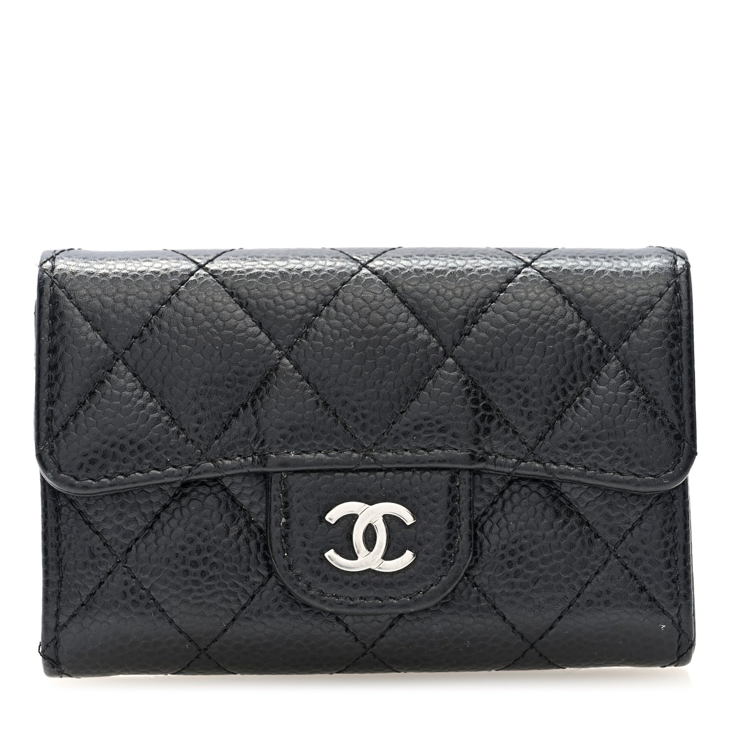 Caviar Quilted Flap Card Holder Wallet Black