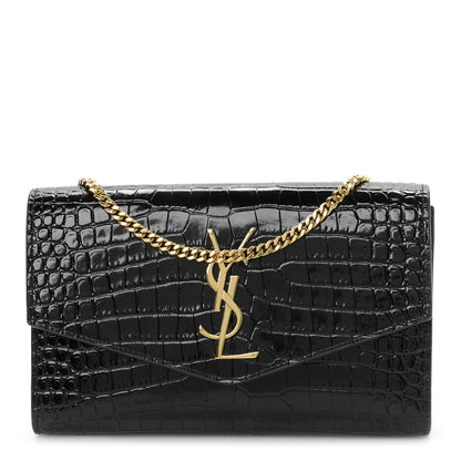 Saint Laurent Calfskin Crocodile Embossed Monogram Uptown Chain Wallet Black 1 of 12