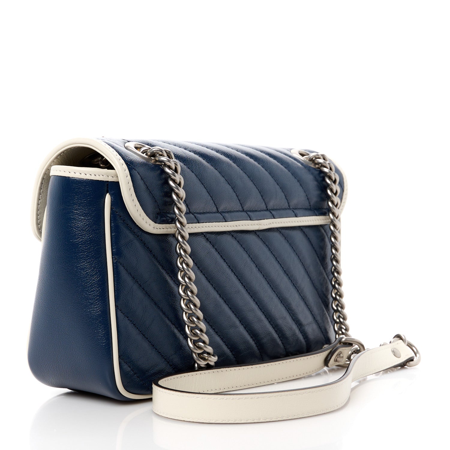 Gucci Vintage Effect Calfskin Matelasse Diagonal Small Torchon GG Marmont Shoulder Bag Blue Agata Mystic White 3 of 11