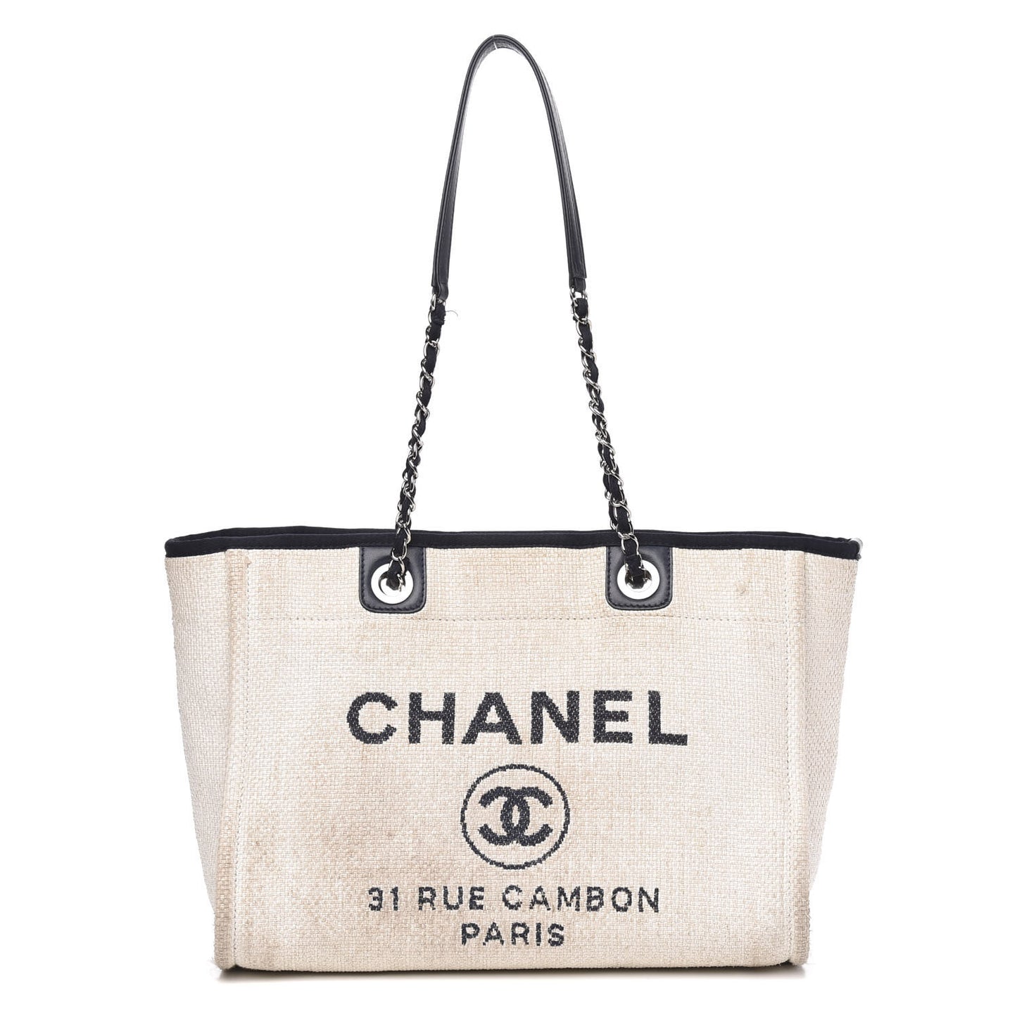 Woven Straw Raffia Small Deauville Tote White Navy