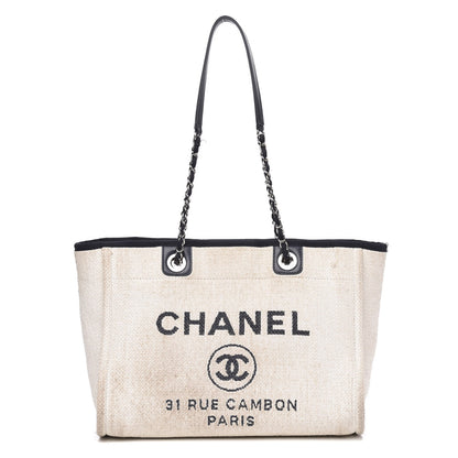 Chanel Woven Straw Raffia Small Deauville Tote White Navy 1 of 17