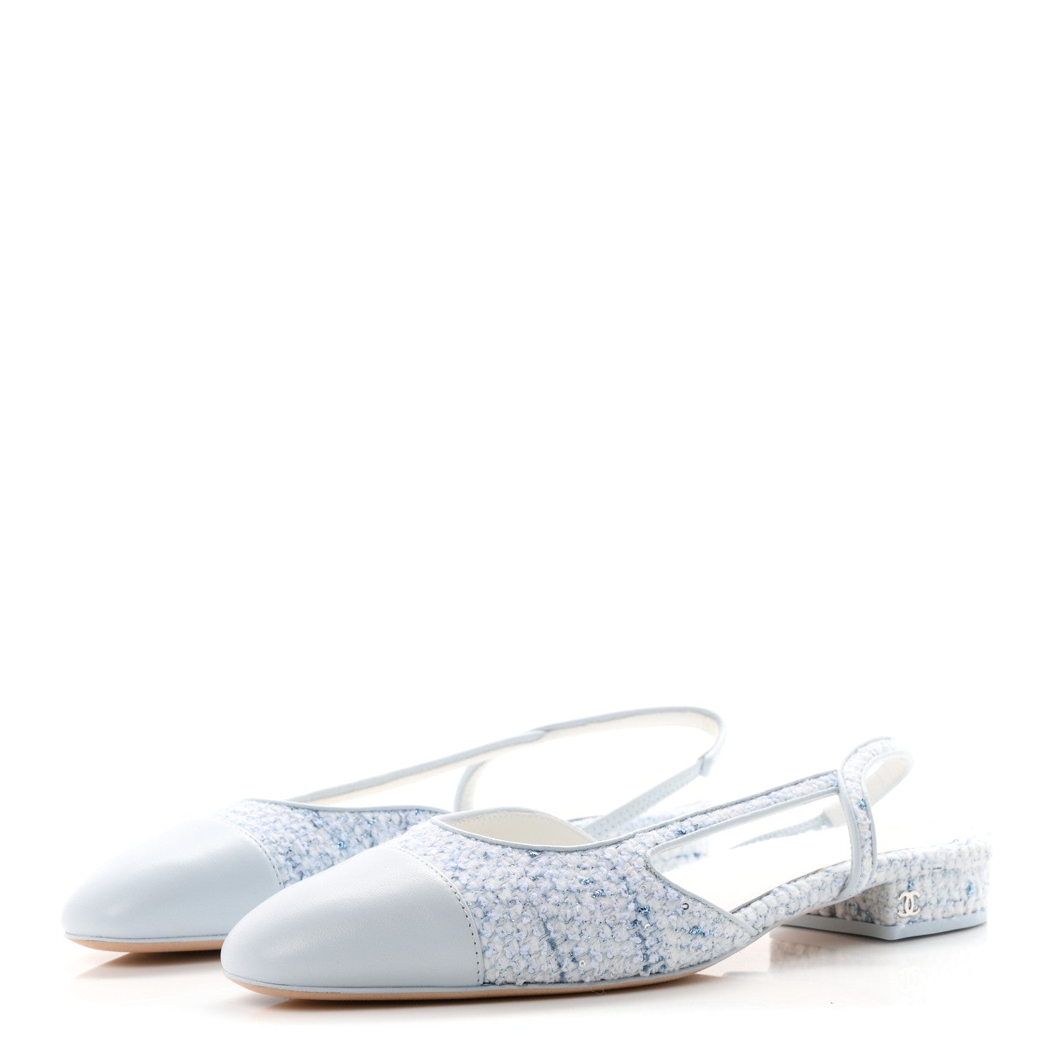 Chanel Tweed Lambskin Cap Toe Slingback Flats 39.5 Blue White Silver 4 of 10
