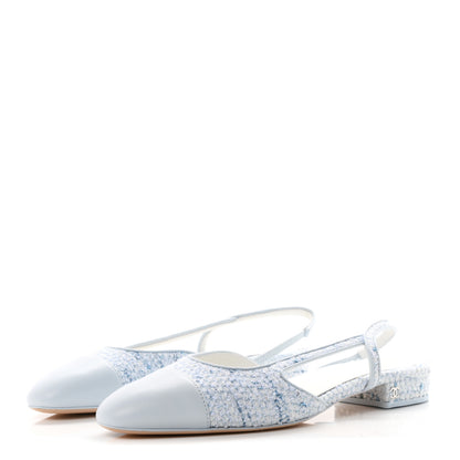 Chanel Tweed Lambskin Cap Toe Slingback Flats 39.5 Blue White Silver 4 of 10