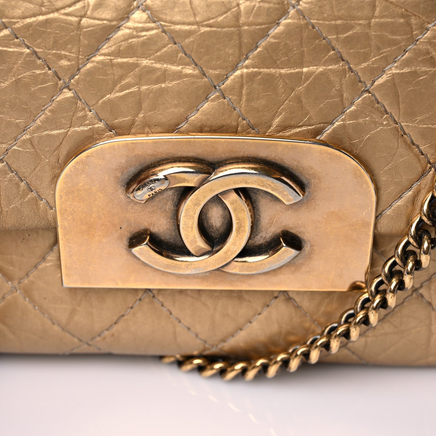 Chanel Metallic Aged Calfskin Quilted CC Square Flap Light Gold 22 of 33