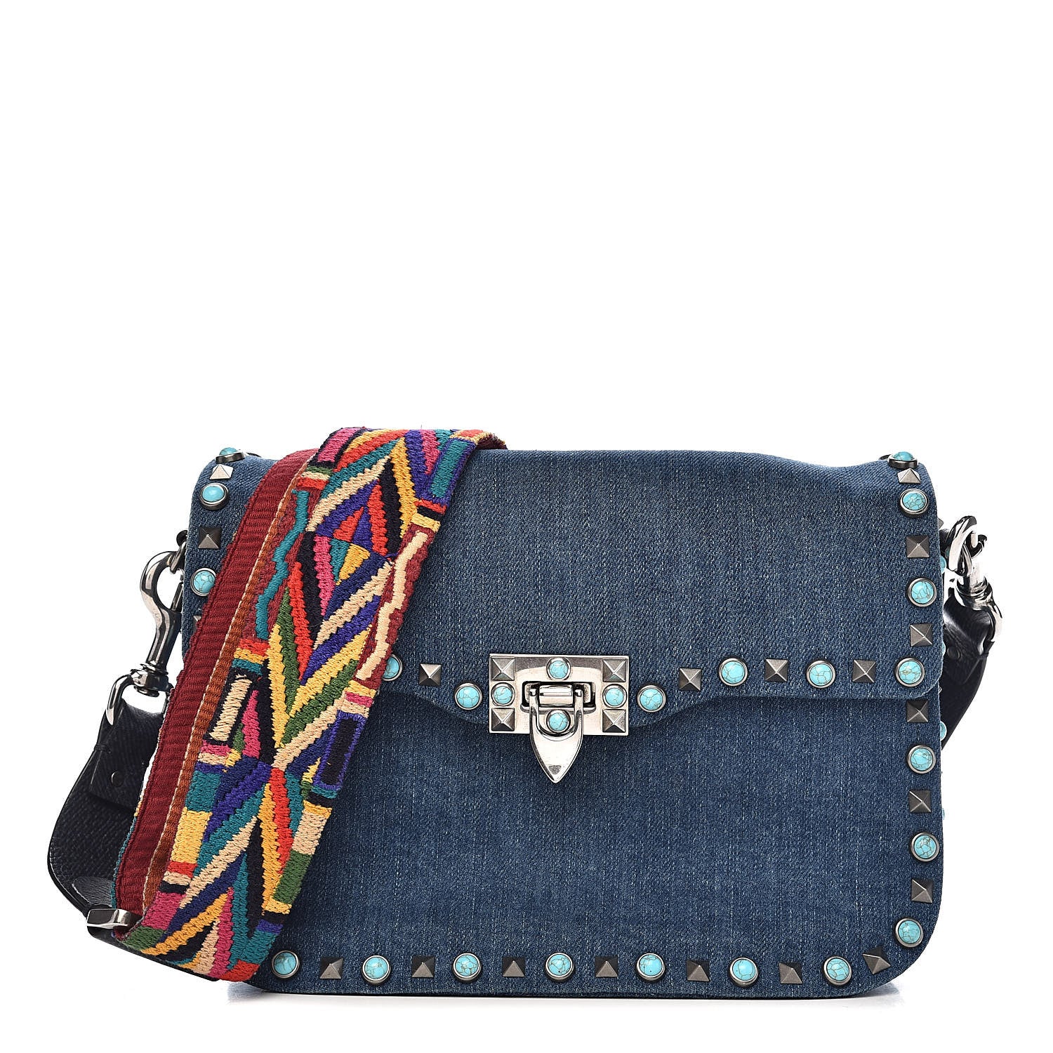 Valentino Garavani Denim Medium Guitar Strap Rockstud Rolling Flap Saddle Bag 1 of 10