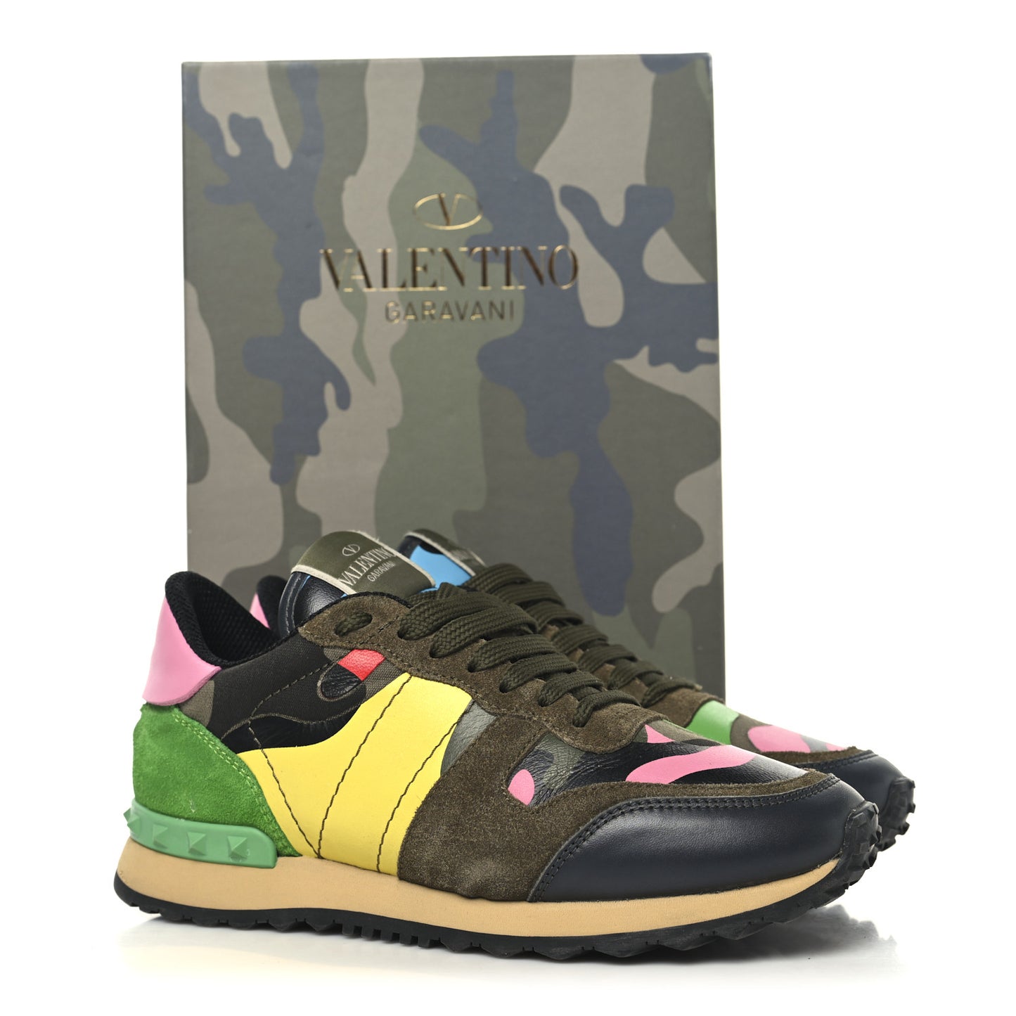 Nappa Suede Camouflage Womens Rockrunner Sneakers  36.5 Army Green Naples Yellow Ninphea