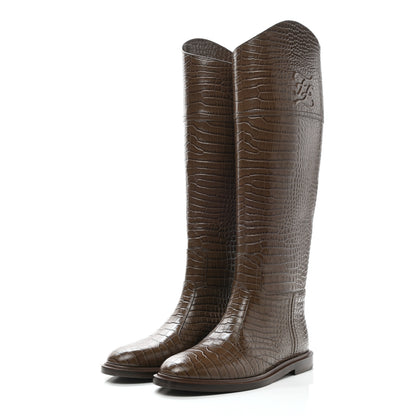 Fendi Calfskin Crocodile Embossed Karligraphy Logo Riding Boots 36.5 Maya 3 of 8
