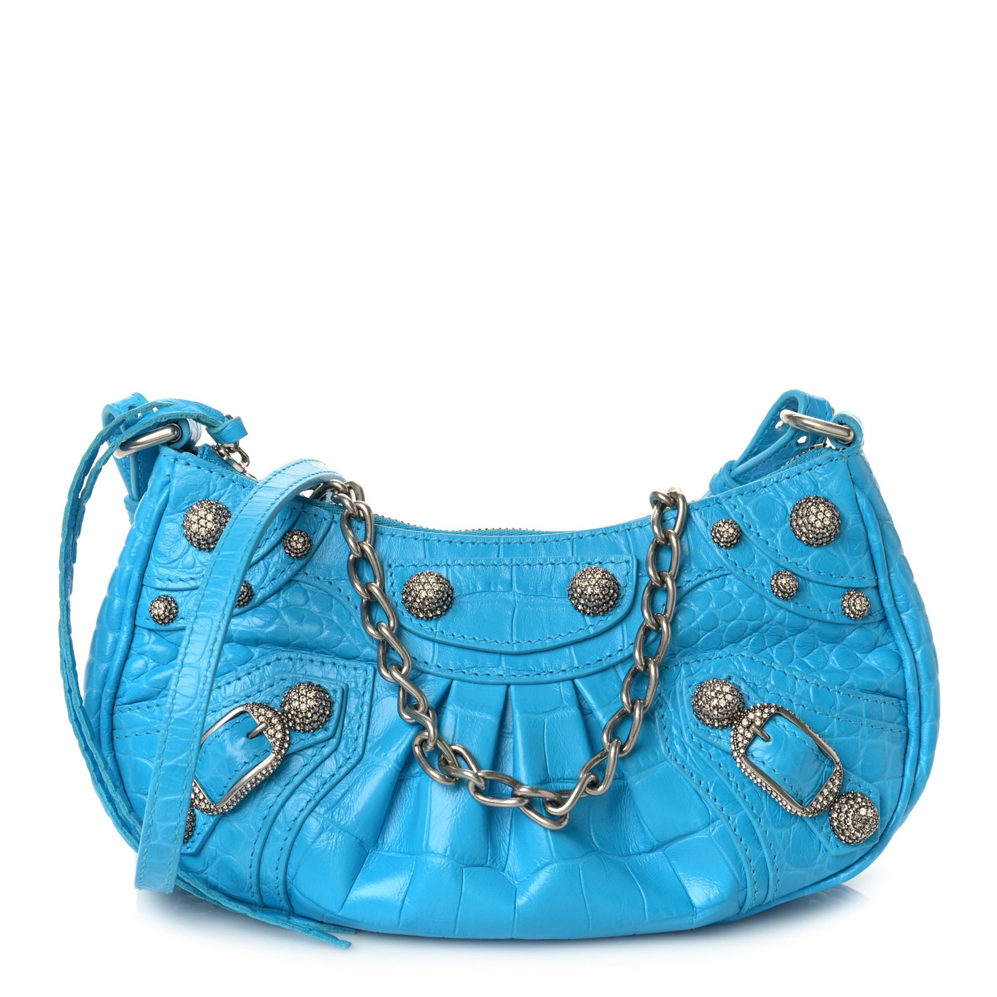 Extra Supple Calfskin Crocodile Embossed Crystal Mini Le Cagole Purse With Chain Cyan