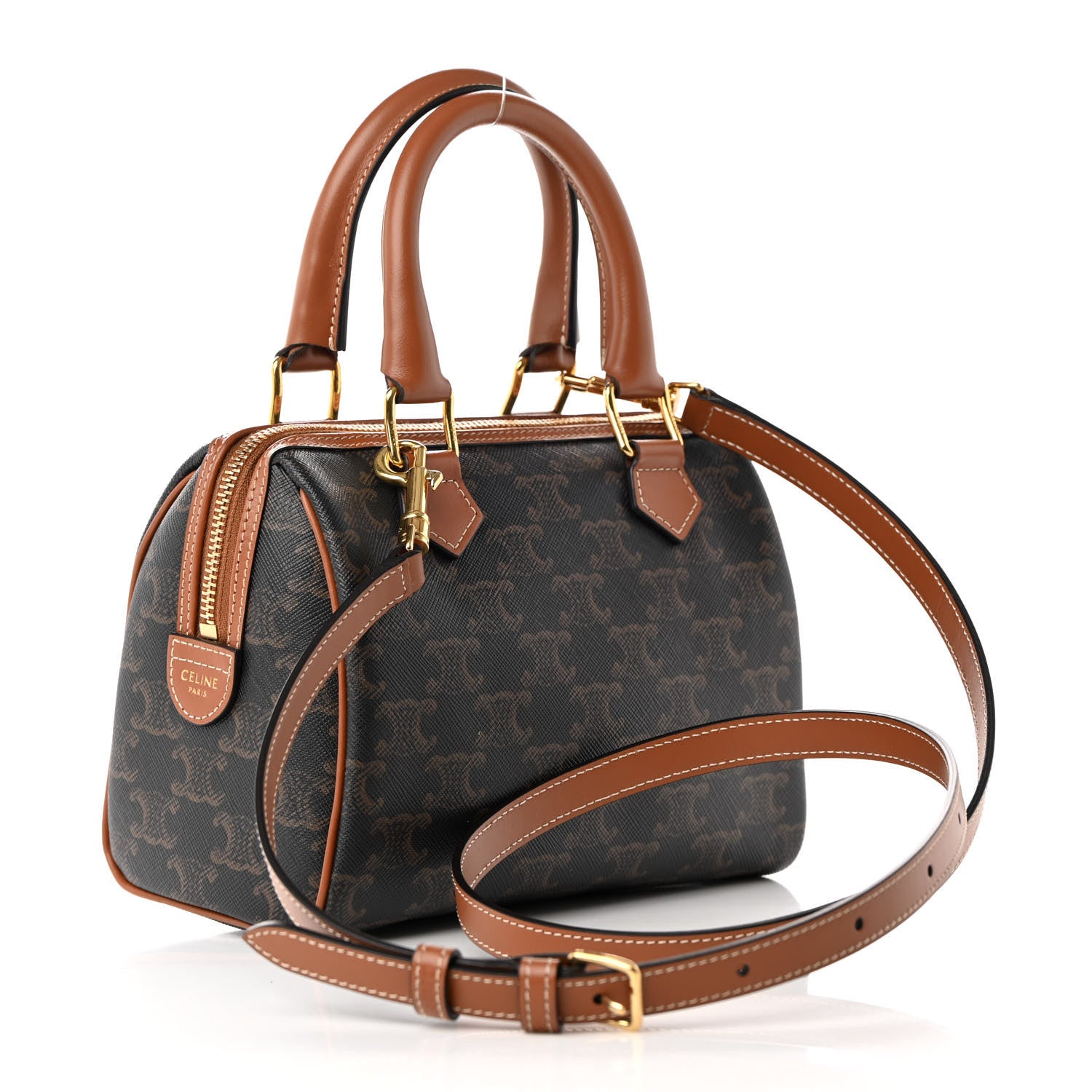 Celine Triomphe Canvas Calfskin Small Boston Bag Tan 3 of 15