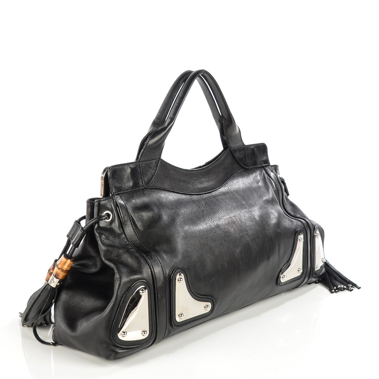 Calfskin Medium Race Bamboo Top Handle Bag Black