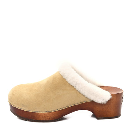 Chanel Suede Shearling CC Clogs 37 Beige 1 of 11