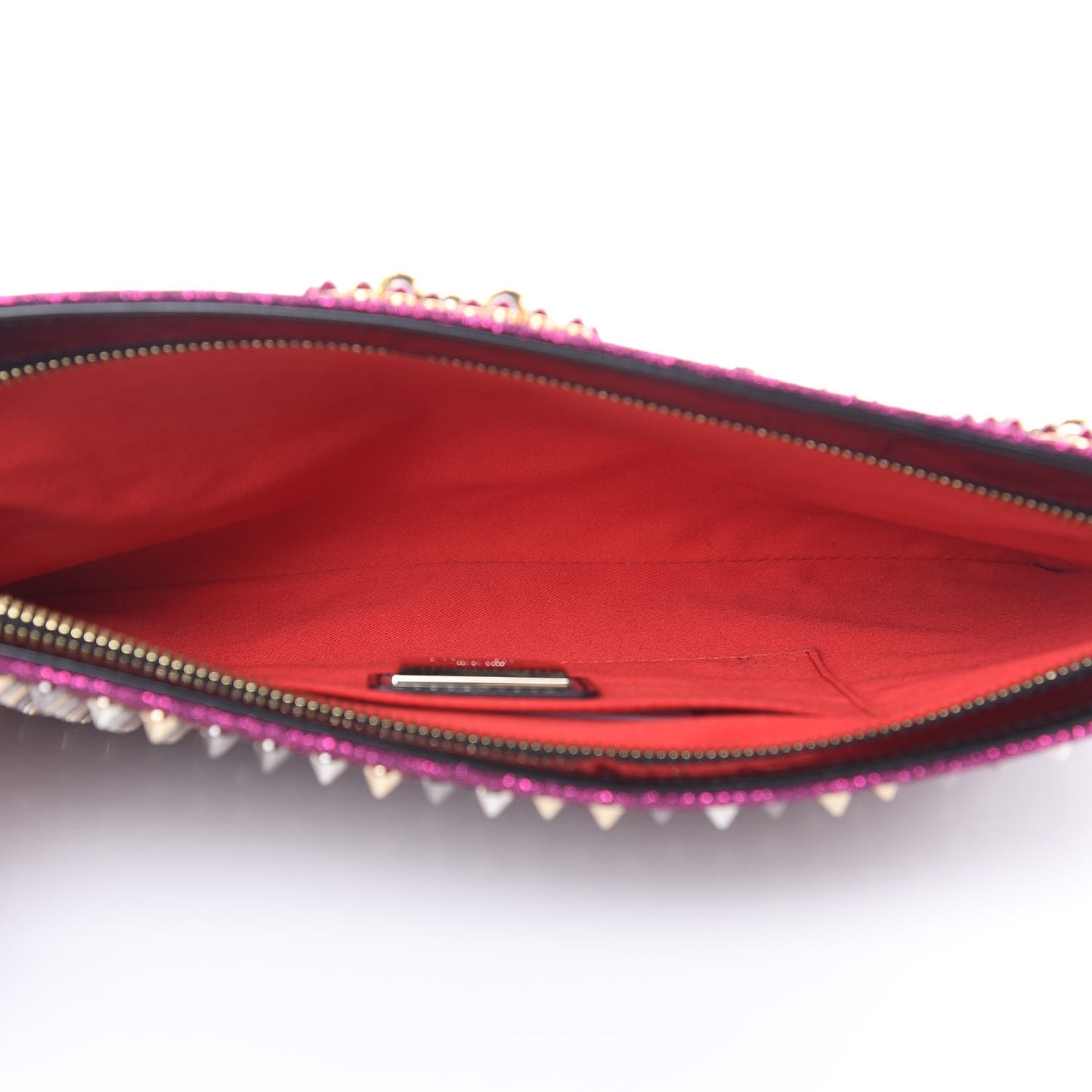 Metallic Raffia Studded Loubiposh Chain Clutch Magenta