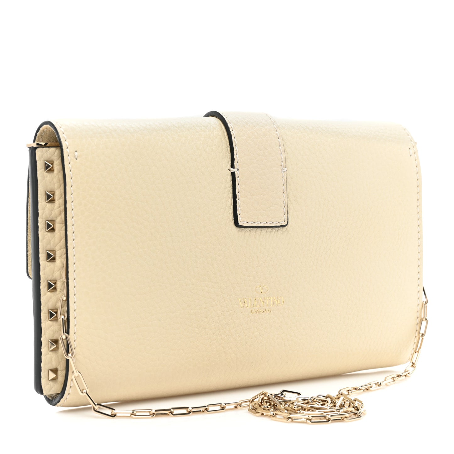 Pebbled Calfskin Rockstud Flap Chain Bag Ivory